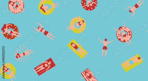 Repeatable pattern of people swimming in water from top view. Endless background of tourists floating on inflatable circles, pool rafts on the sea during summer holidays. Flat seamless vector illustra