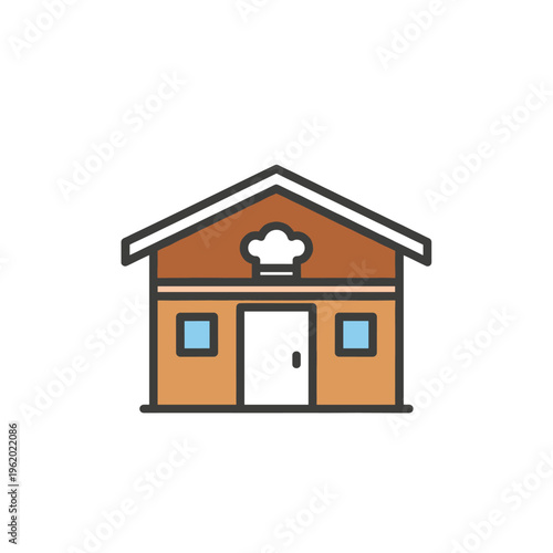 A simple, stylized illustration of a small building with a chef's hat emblem above the door, suggesting a restaurant or bakery.