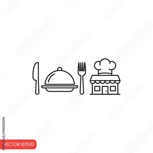 A simple line art illustration of restaurant elements including a knife, fork, covered dish, and a chef's hat atop a building.