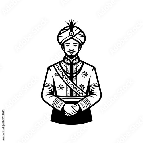 Elegant Indian Prince in Traditional Attire with Turban and Ornate Garments.