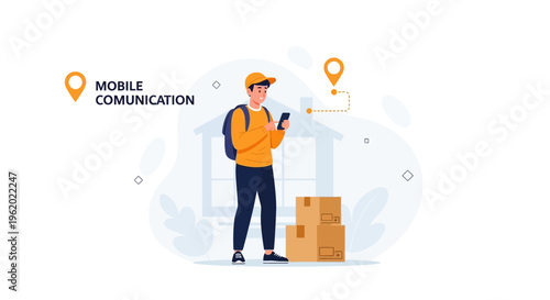 Delivery man with phone and boxes, mobile communication and tracking concept
