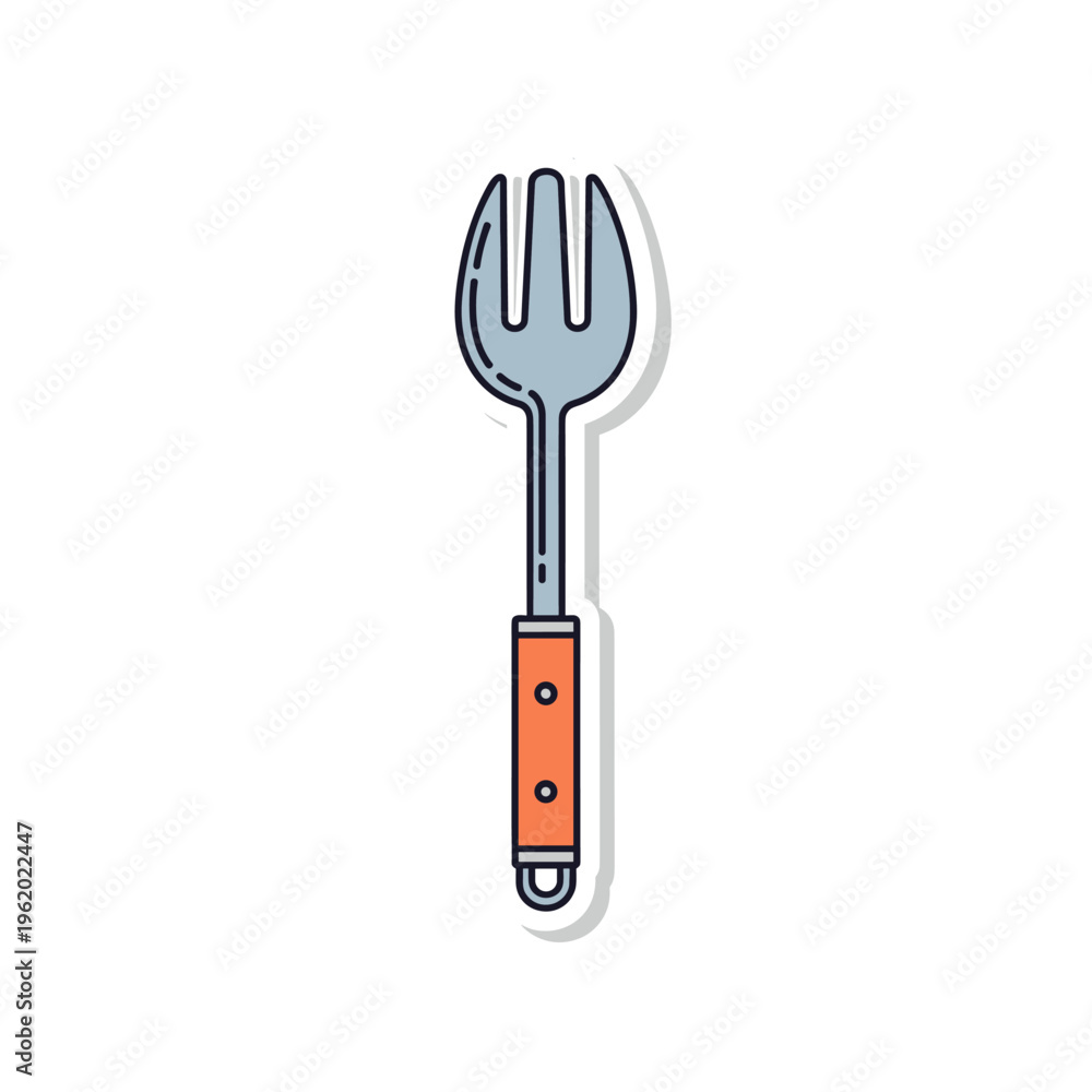 Naklejka premium A cartoon-style illustration of a kitchen fork with a wooden handle, outlined in black with a light blue and orange color scheme.
