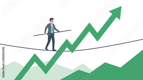 Businessman balancing on a tightrope over rising financial graph arrow concept of risk management