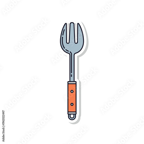 A cartoon-style illustration of a kitchen fork with a wooden handle, outlined in black with a light blue and orange color scheme.