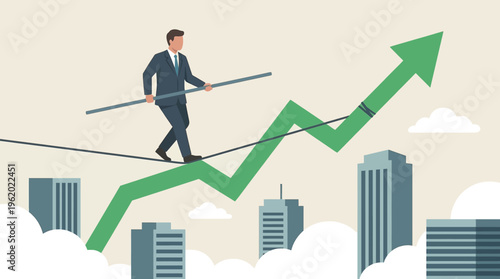 Businessman walking on rising green arrow tightrope above city skyline concept of corporate risk