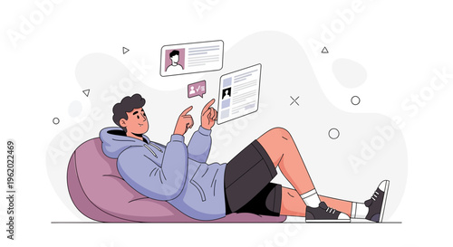 Young man relaxing on beanbag, interacting with digital interface and social media profiles
