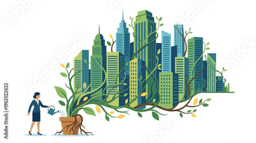 Businesswoman watering a plant growing into a sustainable green city skyline concept