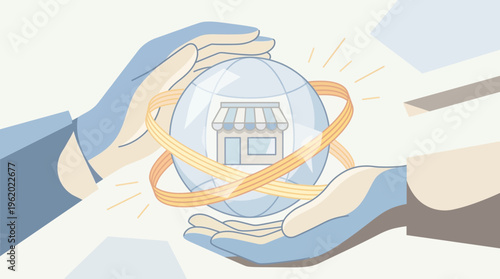 Hands protecting a global sphere with small business shop concept of international franchise and security