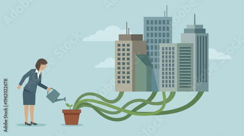 Businesswoman watering a plant whose roots grow into a city skyline investment concept