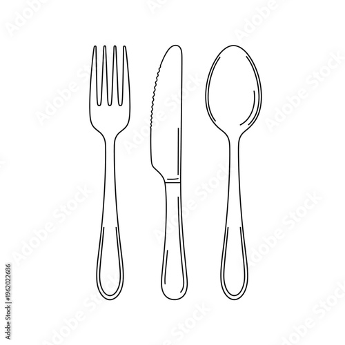 Line art illustration of a fork, knife, and spoon set, representing common kitchen utensils.