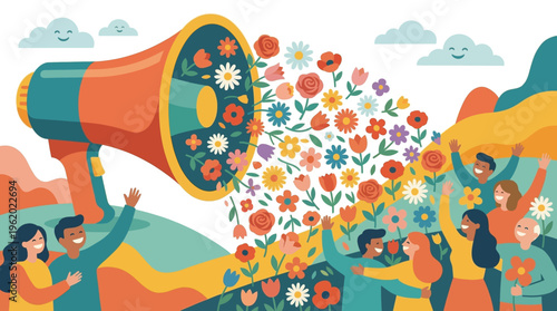 Giant megaphone shouting colorful flowers to happy diverse crowd concept of spreading positivity