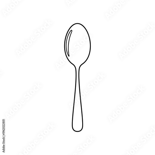 A simple black and white line art drawing of a single spoon, a common kitchen utensil.