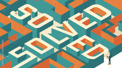 Business problem solving concept with person standing at solved text maze labyrinth entrance