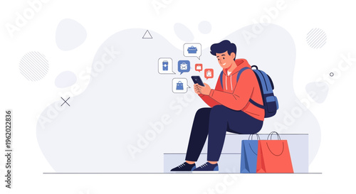 Young Man with Backpack Using Smartphone, Shopping Bags, Online Shopping Concept