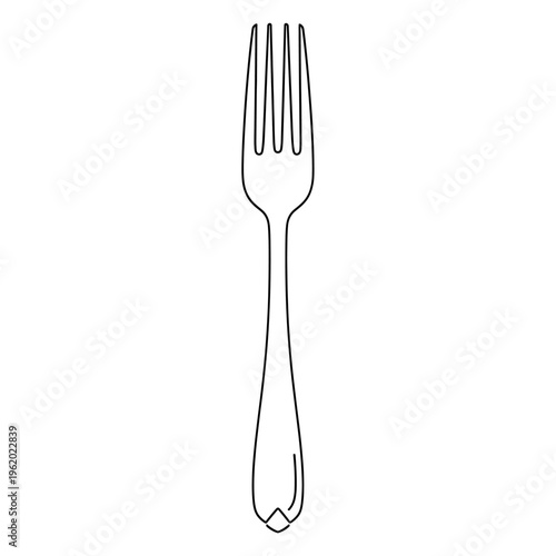 Simple line art drawing of a four-tined dinner fork, a common kitchen and dining utensil for eating food.
