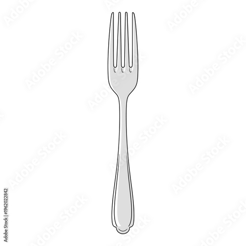 A detailed, clean illustration of a classic four-tined silver dinner fork, presented vertically on a plain white background.