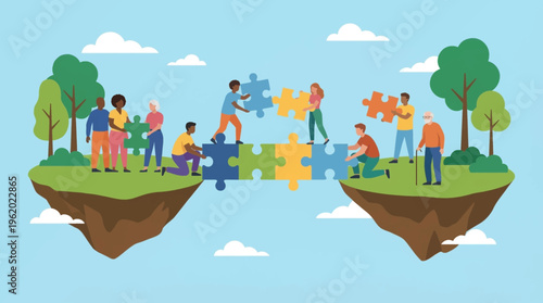 Diverse community of people building a jigsaw puzzle bridge connecting two floating islands