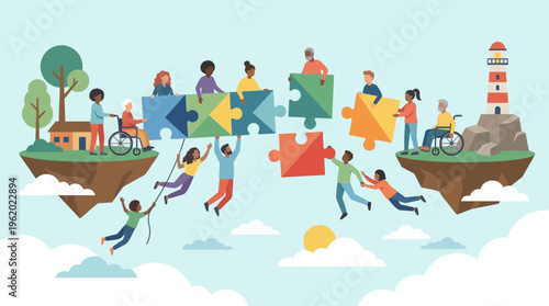 Inclusive diverse community building a puzzle bridge connecting islands concept of teamwork and accessibility