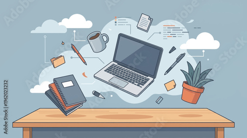 Cloud computing network concept with floating laptop office supplies and data icons over desk