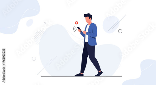 Man walking with smartphone, notification alert, modern abstract background