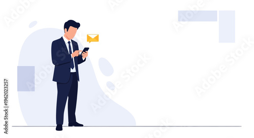 Businessman using smartphone, receiving email notification, modern flat design