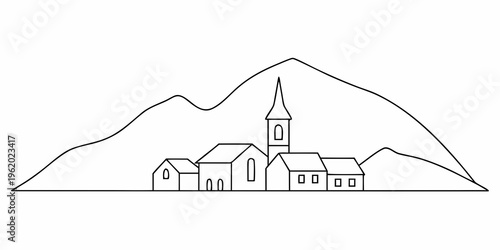 Simple line drawing of a village nestled in a mountainous landscape