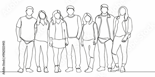 Line drawing of a group of young people standing closely together
