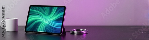 Tablet propped on stand beside mug on colored desk