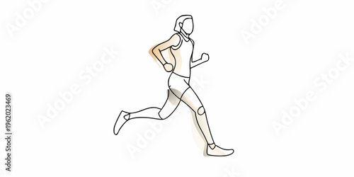 A single line drawing depicts a woman actively running forward