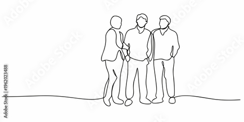 Continuous line drawing of three men standing closely together