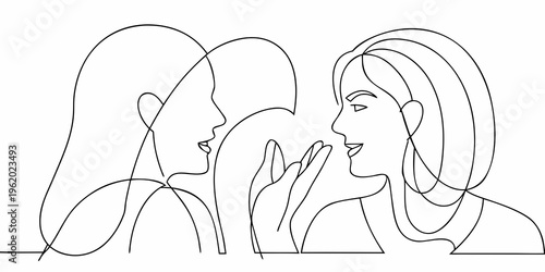 Two women engaged in a quiet conversation depicted in a continuous line