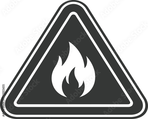 Black and white vector graphic illustration of a warning sign with a flame symbol inside a triangle