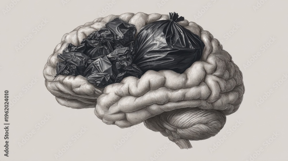 Fototapeta premium Depiction of a brain filled with trash bags showing the concept of mental clutter in a creative and artistic style