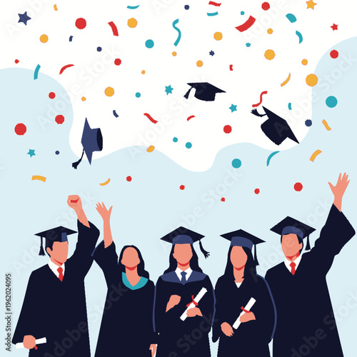 Diverse group of graduates celebrating academic achievement with confetti.