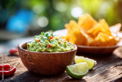 Guacamole in a bowl with chili, lime, and tortilla chips on a wooden table