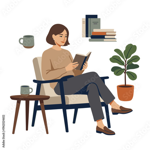 Woman sits in chair reading book with coffee and plant nearby indoors