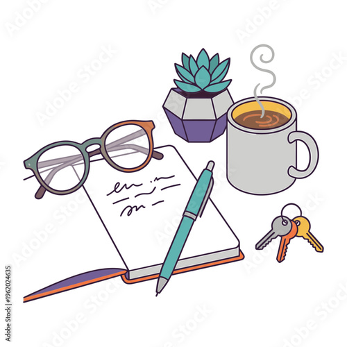 A still life illustration of a notebook, pen, glasses, keys, coffee, and succulent on a table indoors.