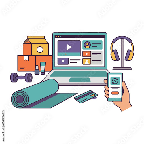 A person exercises at home with a laptop and phone showing fitness videos.