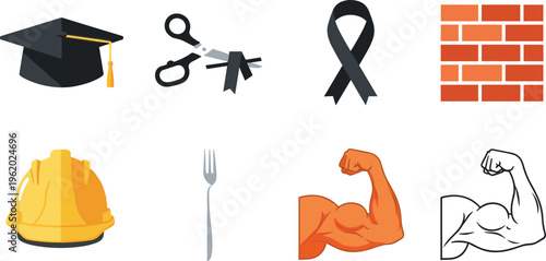 Mixed icon collection with graduation cap, scissors, awareness ribbon, brick wall, helmet, fork and muscle arm, vector illustration for education, construction and health design projects