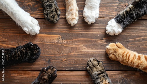 猫の手が円を描くユニークで可愛らしいシーン。
前足の動きが線を作り、遊び心のある構図を生み出す。
シンプルな背景が猫の動作とラインを引き立てる。