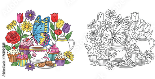 Spring tea party with butterfly flowers and cupcakes coloring page illustration color and black outline