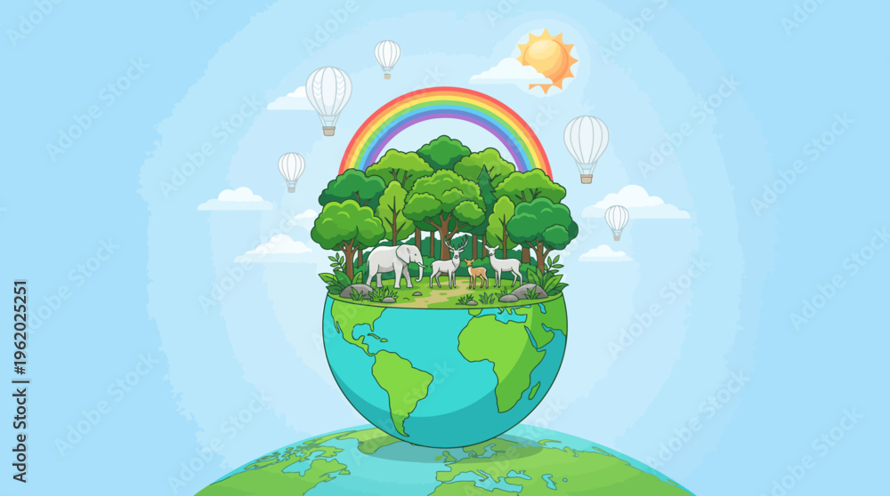 Fototapeta premium Eco-friendly Earth illustration featuring a lush green globe with trees, a rainbow, and bright sky to highlight sustainability and environmental awareness.