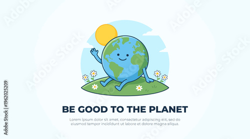 Cute cartoon Earth on a small island promoting eco-friendly habits and caring for the planet.