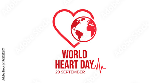 World Heart Day poster with a red heart surrounding a globe and a heartbeat line, promoting heart health awareness on 29 September