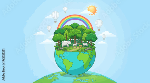 Eco-friendly Earth illustration featuring a lush green globe with trees, a rainbow, and bright sky to highlight sustainability and environmental awareness.