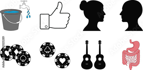 Mixed icon collection with water bucket, thumbs up, human profiles, poker chips, guitars and digestive system, vector illustration for lifestyle and concept design projects