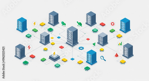 Isometric Network Infrastructure - Servers, Connections, and Data Flow.