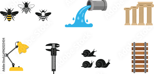 Mixed icon set with bees, water pipe, classical columns, desk lamp, jackhammer, snails and railway tracks, vector illustration for nature, construction and design projects