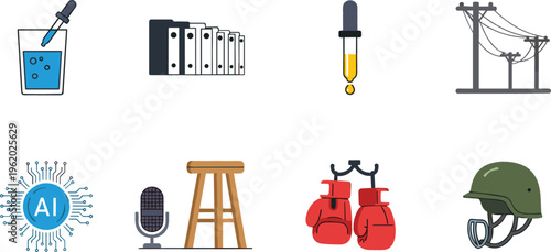 Mixed icons collection with dropper, binders, pipette, power lines, AI symbol, microphone, stool, boxing gloves and helmet, vector illustration for technology, utilities and lifestyle design projects