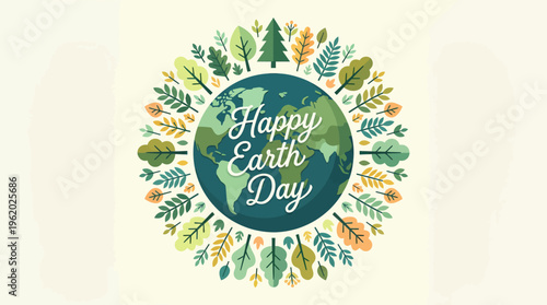 Happy Earth Day greeting featuring a vibrant leafy wreath, celebrating environmental protection, sustainability, and nature.